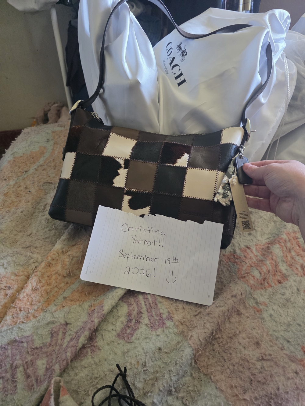 Coachtopia Patchwork Cowprint Leather Shoulder Bag in Brown & Cream